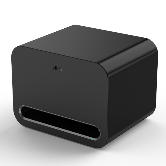 WiiM Sub Pro Aktiv-Subwoofer in schwarzer Ausführung aus seitlicher Perspektive.