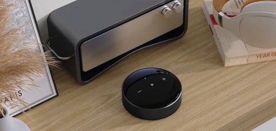 WiiM Mini Hi-Res Audio Streamer in kompakter Bauweise mit integrierten Bedientasten.