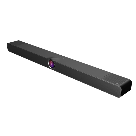 WiiM Bar Soundbar in schwarzer Ausführung aus seitlicher Perspektive mit integriertem Display.