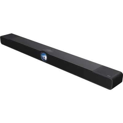 WiiM Bar Glossy Black in eleganter Hochglanz-Schwarz-Ausführung aus leicht seitlicher Perspektive mit integriertem Farbdisplay.