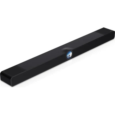 WiiM Bar Glossy Black in Hochglanz-Schwarz aus seitlicher Perspektive mit integriertem Display.