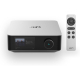 Die elegante Vorderseite des WiiM Amp Ultra in Silber mit integriertem 3,5-Zoll-Touchdisplay und multifunktionalem Drehregler.